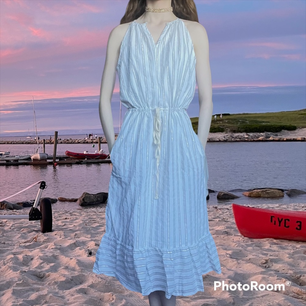Dylan Boho Linen Dress with Metallic Gold Stripes - Picture 4 of 6